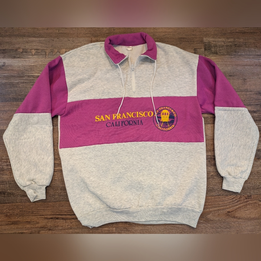 Vintage 80s 90s San Francisco California Sweatshirt 1/4 Zip Puff Print Sz L